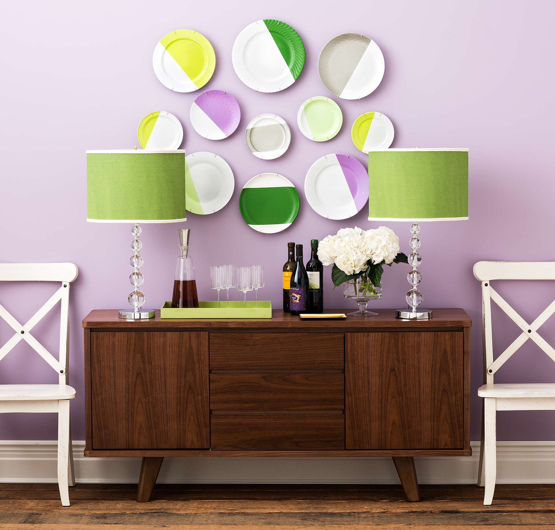 Purple wall graphic interior photograph with painted plates